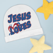 Load image into Gallery viewer, Jesus Loves Me Red & Blue Hearts - Baby Beanie (AOP)