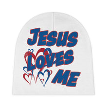 Load image into Gallery viewer, Jesus Loves Me Red & Blue Hearts - Baby Beanie (AOP)