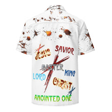 Load image into Gallery viewer, Jesus Savior, Master, Lord (White) - Unisex Button Up Short-Sleeve Shirt (Sizes Run Small)