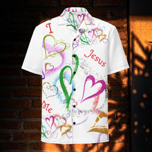 Load image into Gallery viewer, I Love Jesus Hearts & Butterflies White - Unisex Button Up Short-Sleeve Shirt (Sizes Run Small)