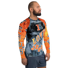 Load image into Gallery viewer, I Love Jesus w/Hearts Blue & Orange AOP - (Men's Rash Guard)