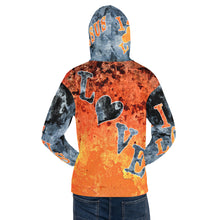 Load image into Gallery viewer, Jesus I Love AOP Orange Background Blue Letters - (Unisex Hoodie) (Sizes Run Small)