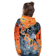 Load image into Gallery viewer, I Love Jesus w/Out Hearts Blue & Orange Letters AOP (Unisex Hoodie) (Sizes Run Small)