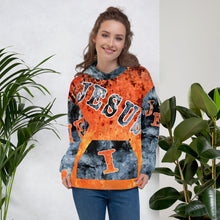 Load image into Gallery viewer, JESUS I LOVE A0P Orange Background Blue Letters- Unisex Hoodie (Sizes Run Small)