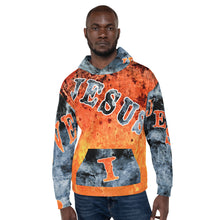 Load image into Gallery viewer, Jesus I Love AOP Orange Background Blue Letters - (Unisex Hoodie) (Sizes Run Small)