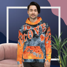 Load image into Gallery viewer, I Love Jesus w/Hearts Blue & Orange Hearts & Ltrs - Unisex Hoodie (Sizes Run Small)