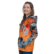 Load image into Gallery viewer, Jesus I Love AOP Orange Background Blue Letters - (Unisex Hoodie) (Sizes Run Small)