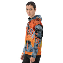 Load image into Gallery viewer, Jesus I Love AOP Orange Background Blue Letters - (Unisex Hoodie) (Sizes Run Small)