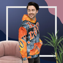 Load image into Gallery viewer, I Love Jesus w/Hearts Blue & Orange Hearts & Ltrs - Unisex Hoodie (Sizes Run Small)