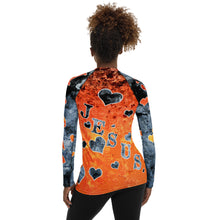 Load image into Gallery viewer, I Love Jesus w/Hearts - Orange & Blue Ltrs AOP (Women's Rash Guard)