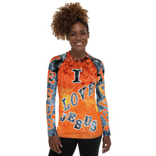 Load image into Gallery viewer, I Love Jesus w/Hearts - Orange & Blue Ltrs AOP (Women's Rash Guard)