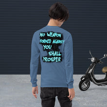 Load image into Gallery viewer, No Weapon Formed Isa 54:17 Fluorescent Blue - Men’s Long Sleeve Shirt | Bella + Canvas 3501