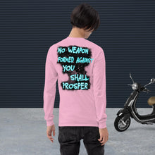 Load image into Gallery viewer, No Weapon Formed Isa 54:17 Fluorescent Blue - Men’s Long Sleeve Shirt | Bella + Canvas 3501