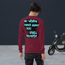 Load image into Gallery viewer, No Weapon Formed Isa 54:17 Fluorescent Blue - Men’s Long Sleeve Shirt | Bella + Canvas 3501
