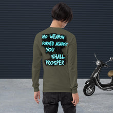 Load image into Gallery viewer, No Weapon Formed Isa 54:17 Fluorescent Blue - Men’s Long Sleeve Shirt | Bella + Canvas 3501