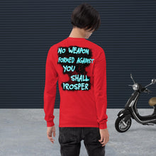 Load image into Gallery viewer, No Weapon Formed Isa 54:17 Fluorescent Blue - Men’s Long Sleeve Shirt | Bella + Canvas 3501