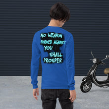 Load image into Gallery viewer, No Weapon Formed Isa 54:17 Fluorescent Blue - Men’s Long Sleeve Shirt | Bella + Canvas 3501