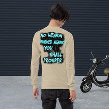 Load image into Gallery viewer, No Weapon Formed Isa 54:17 Fluorescent Blue - Men’s Long Sleeve Shirt | Bella + Canvas 3501