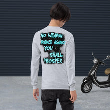 Load image into Gallery viewer, No Weapon Formed Isa 54:17 Fluorescent Blue - Men’s Long Sleeve Shirt | Bella + Canvas 3501