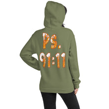 Load image into Gallery viewer, He Has Given His Angels Charge Ps. 91:11 Fiery Yellow & Orange - Unisex Hoodie (GILDAN 18500)