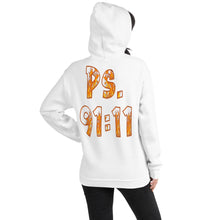 Load image into Gallery viewer, He Has Given His Angels Charge Ps. 91:11 Fiery Yellow & Orange - Unisex Hoodie (GILDAN 18500)