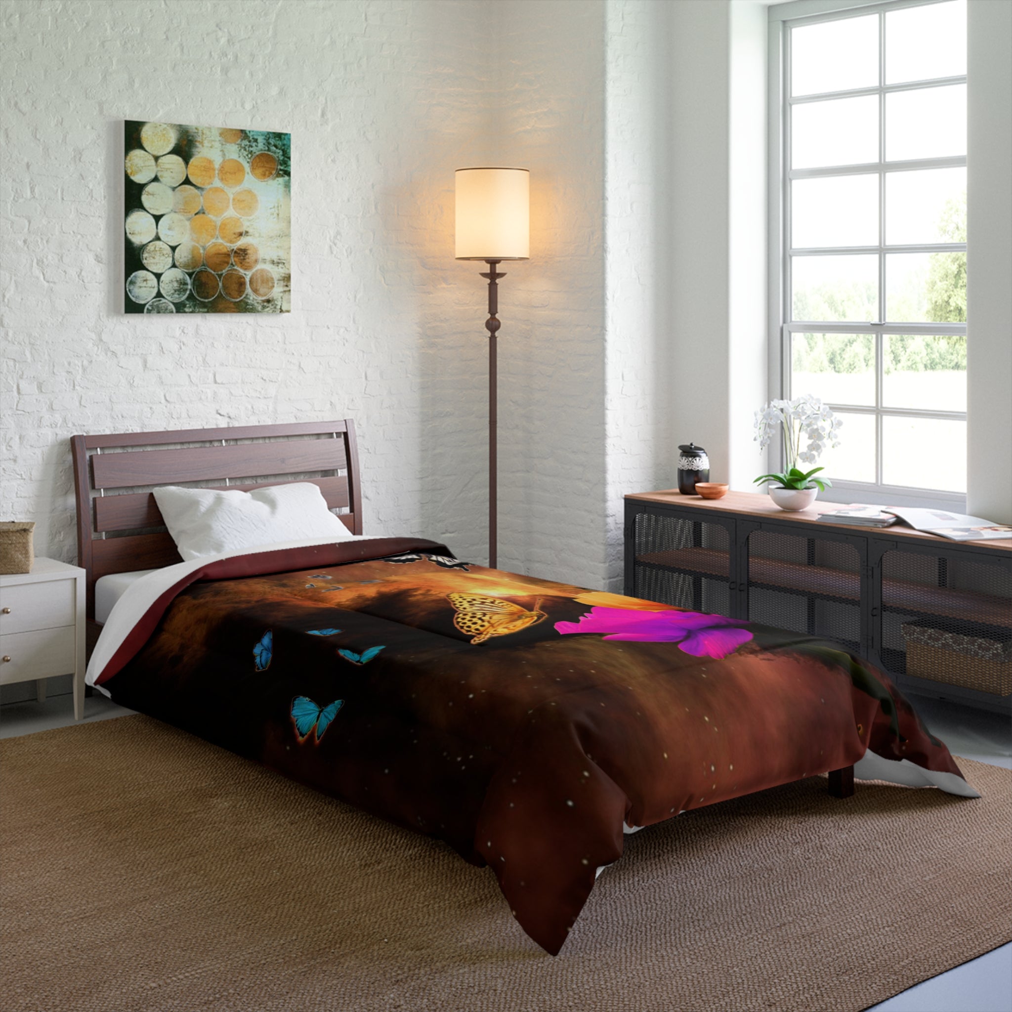 Vibrant Butterfly Fiery Comforter - Cozy Floral Bedding for Nature Lovers, Home Decor, Bedroom Makeover, Gift for Her, Spring Decor