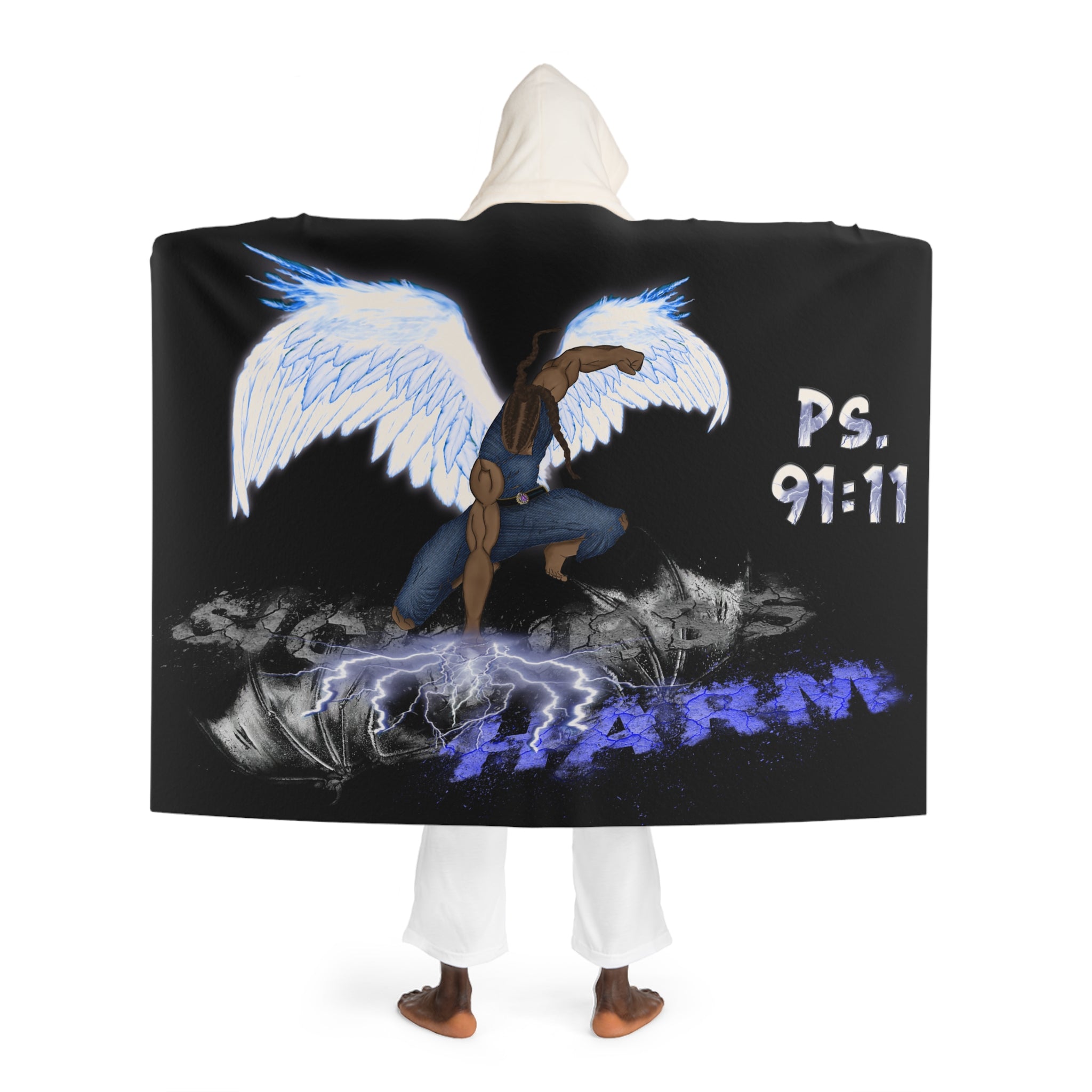 Light vs Darkness Blue Jean Angel Ps. 91:11 - Black (Hooded Sherpa Fleece Blanket)