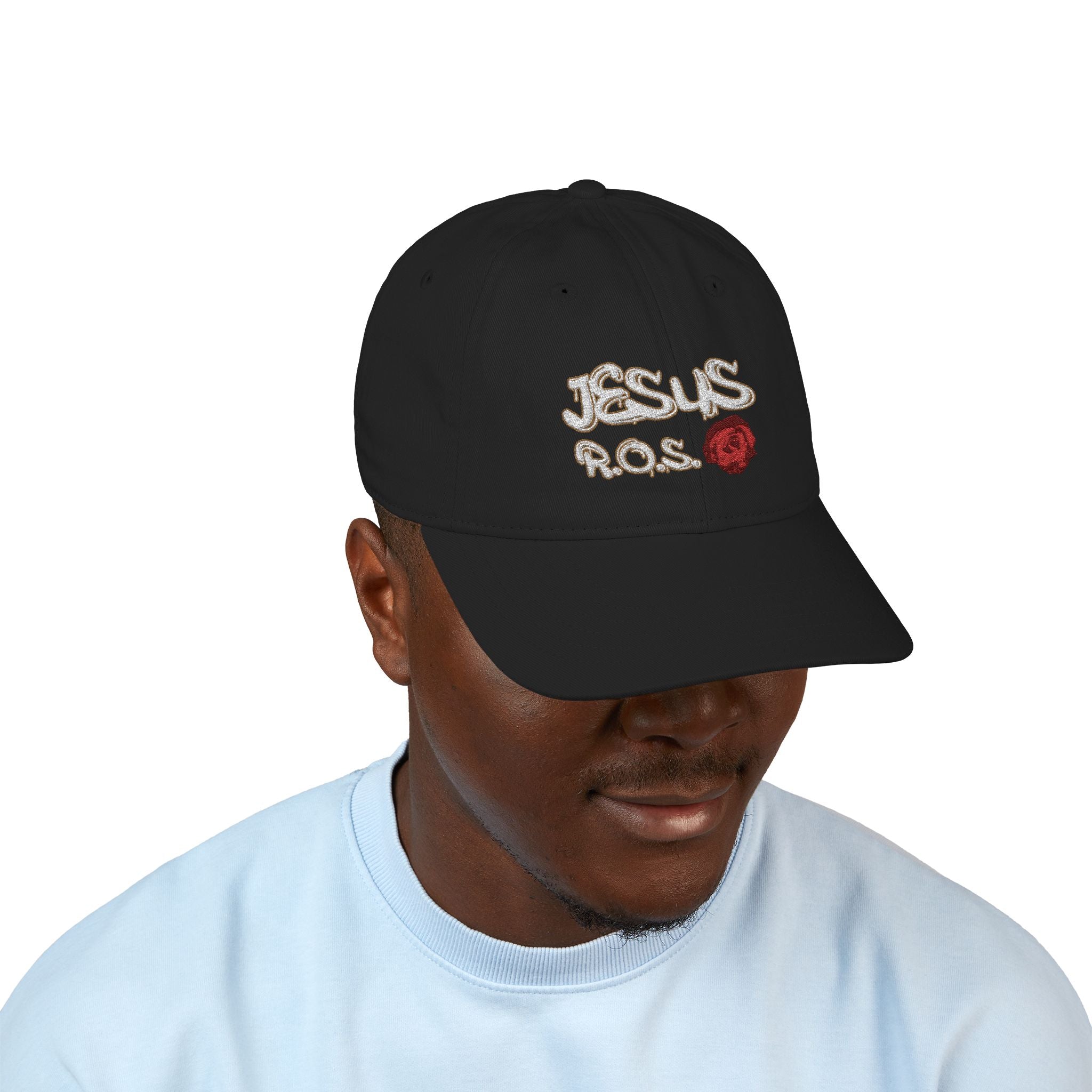 JESUS R.O.S. (Rose Of Sharon - White Ltrs) Organic Baseball Cap (Embroidery)