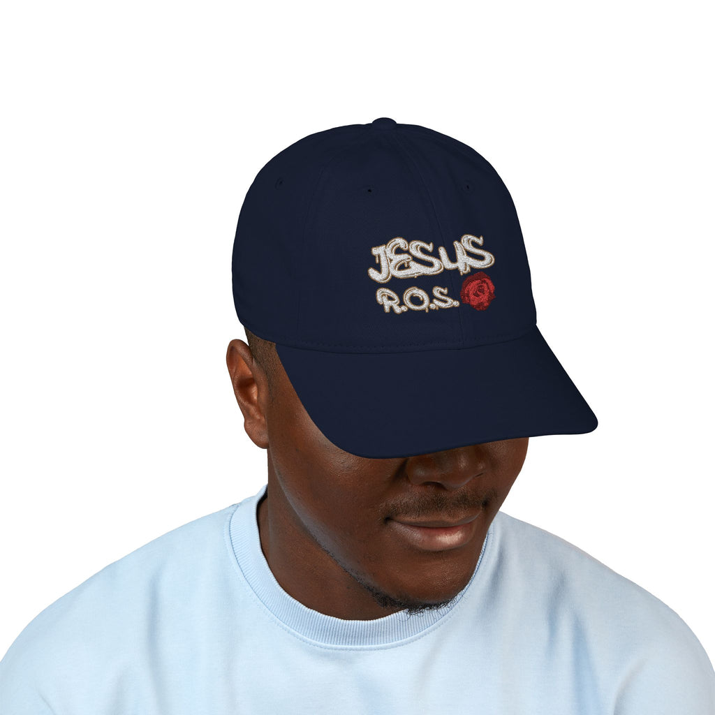 JESUS R.O.S. (Rose Of Sharon - White Ltrs) Organic Baseball Cap (Embroidery)
