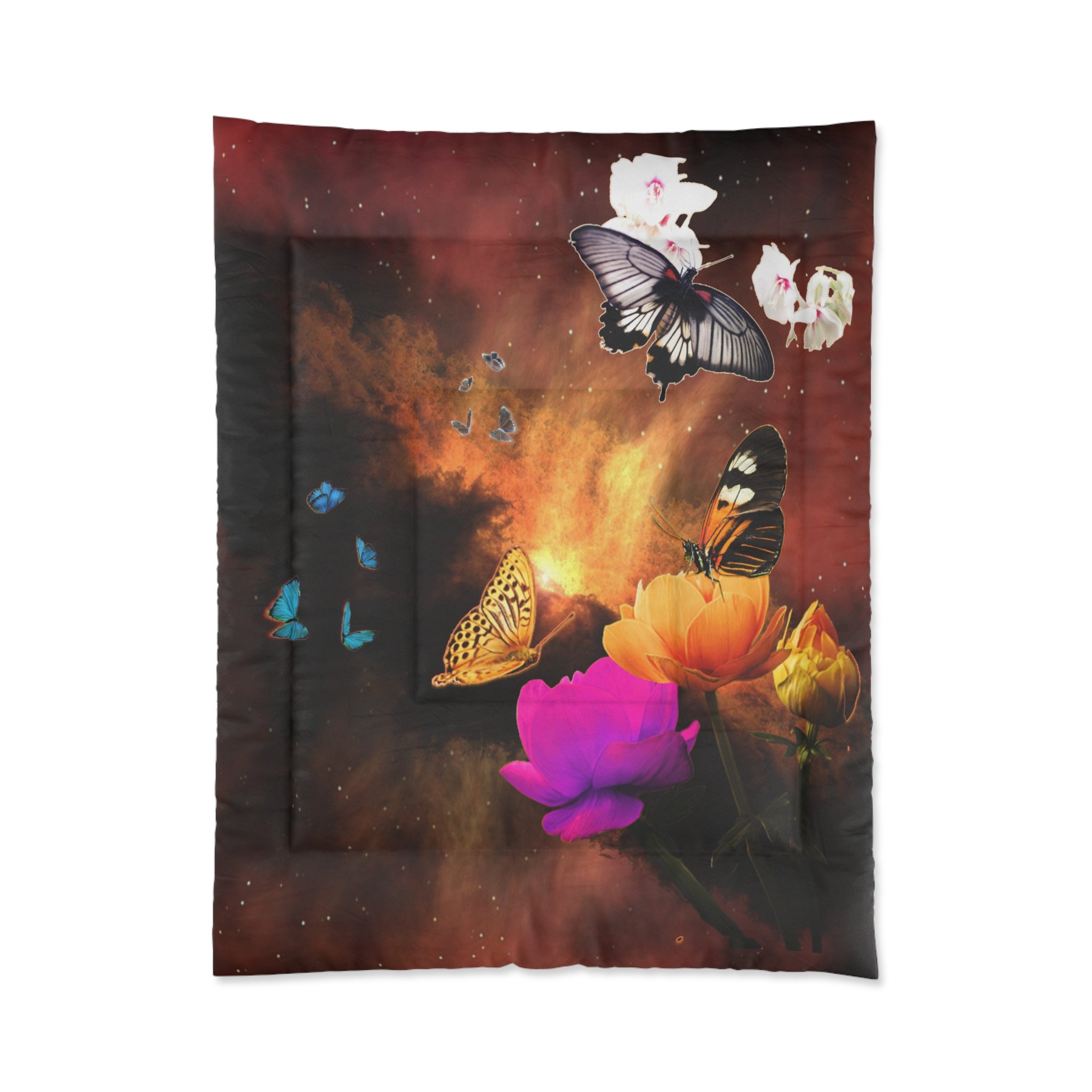 Colorful Butterfly In Fiery Space Comforter, Cozy Bedding for Nature Lovers, Floral Decor, Perfect for Spring, Birthday Gift, Home Accents