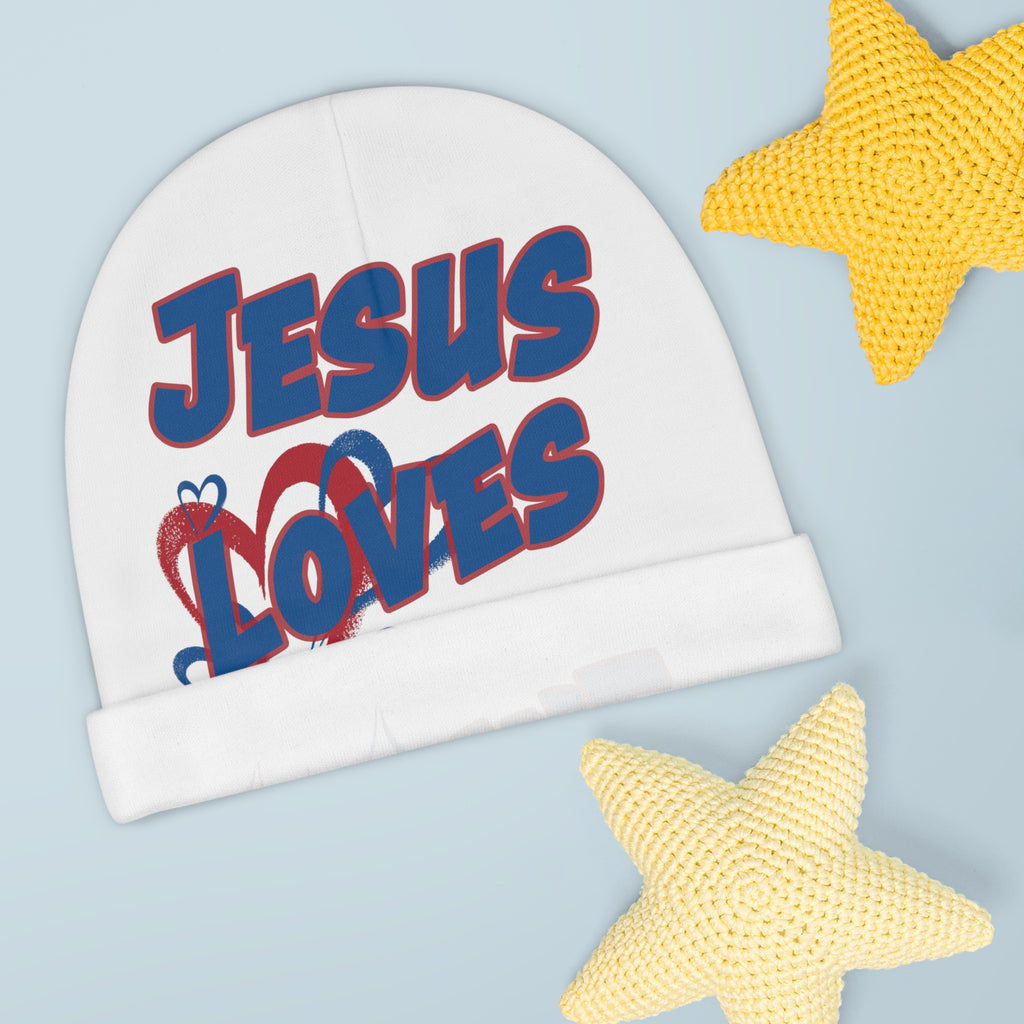 Jesus Loves Me Red & Blue Hearts - Baby Beanie (AOP)