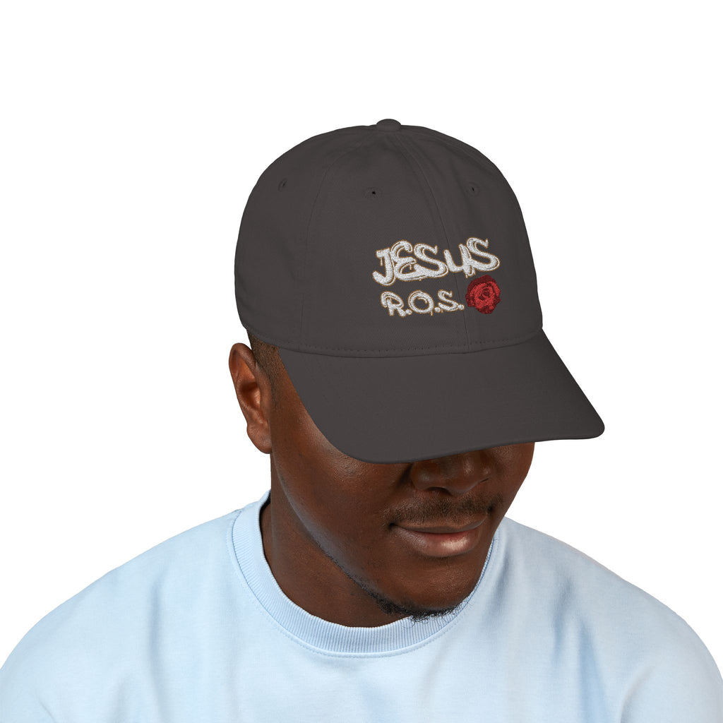 JESUS R.O.S. (Rose Of Sharon - White Ltrs) Organic Baseball Cap (Embroidery)