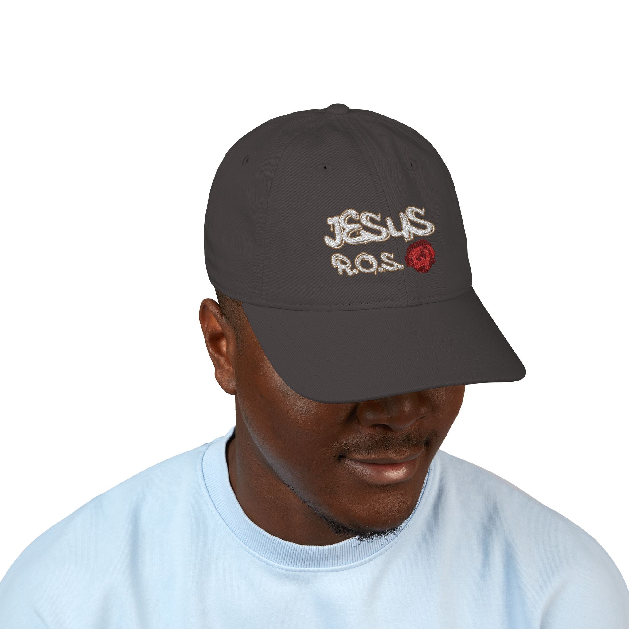 JESUS R.O.S. (Rose Of Sharon - White Ltrs) Organic Baseball Cap (Embroidery)