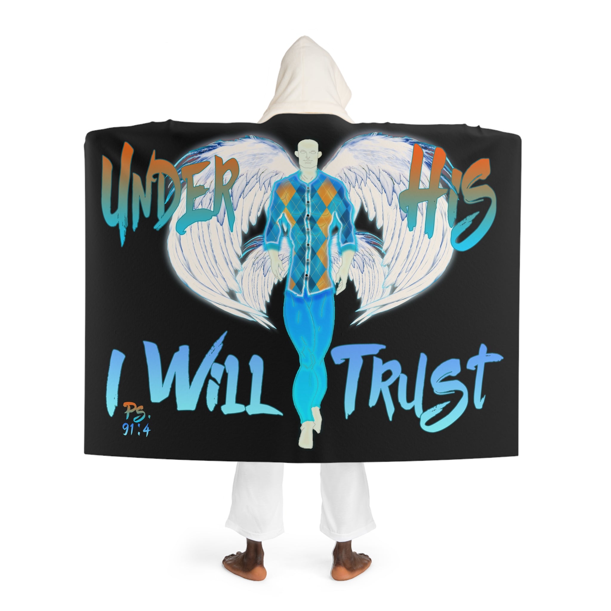 Under His Wings I Will Trust Ps. 91:4 Black - Hooded Sherpa Fleece Blanket