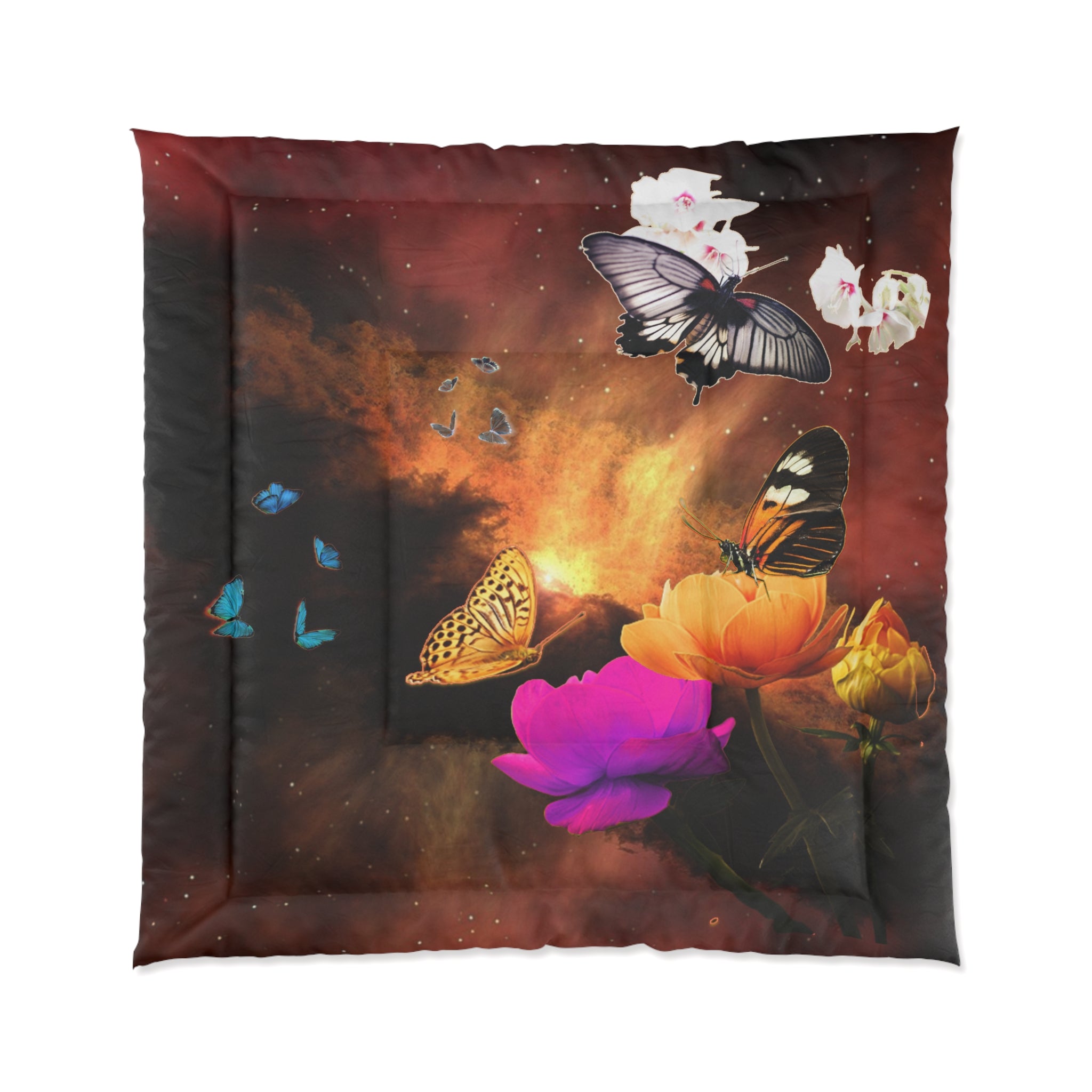 Butterfly Dreams Fiery Comforter | Cozy Floral Bedding for Nature Lovers, Home Decor, Unique Gift, Boho Bedroom, Spring & Summer