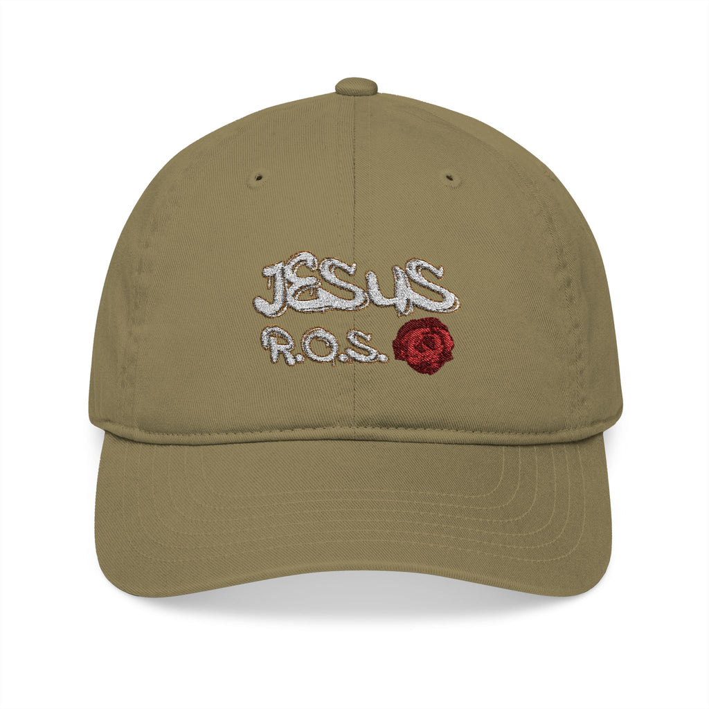 JESUS R.O.S. (Rose Of Sharon - White Ltrs) Organic Baseball Cap (Embroidery)