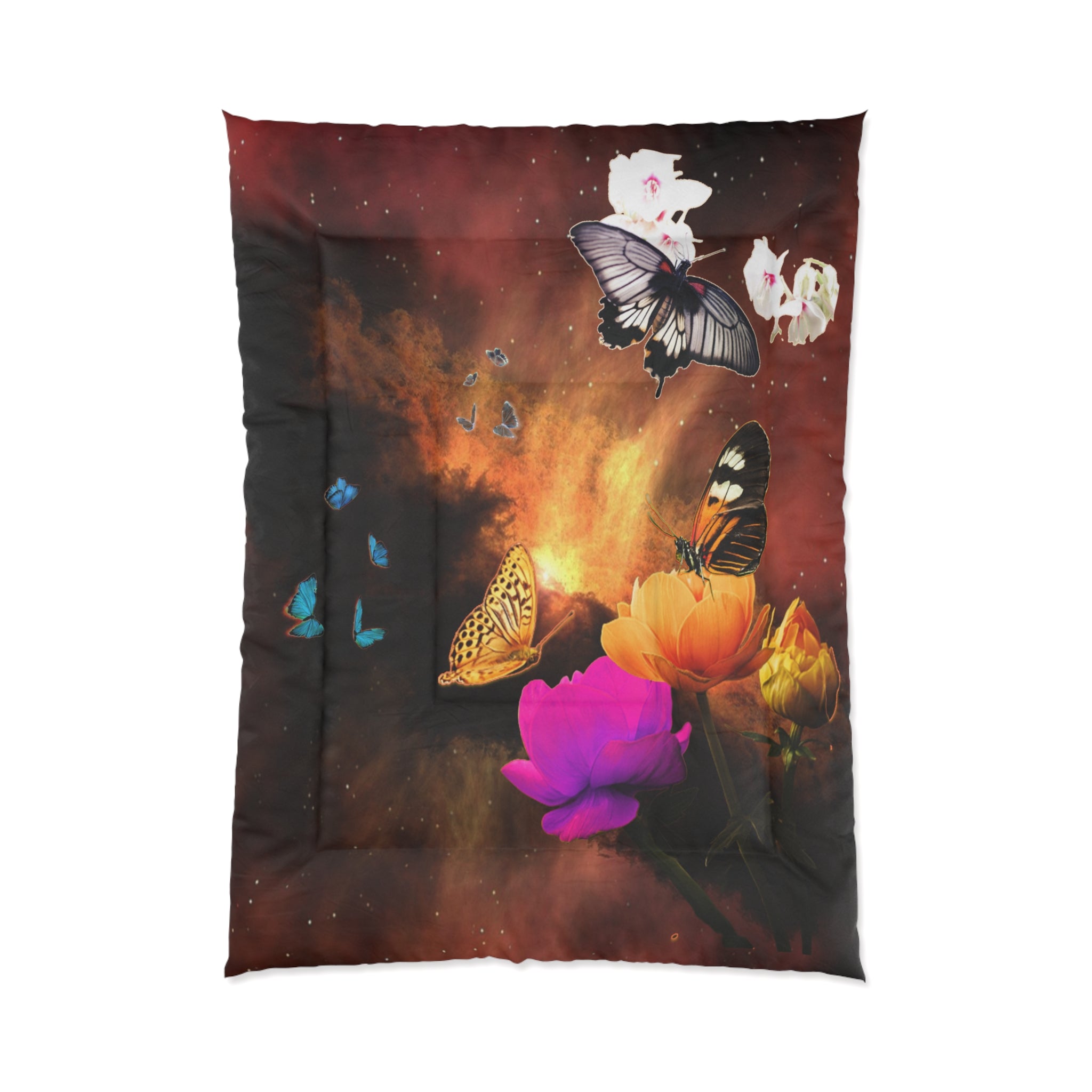 Vibrant Butterfly Fiery Comforter - Cozy Floral Bedding for Nature Lovers, Home Decor, Bedroom Makeover, Gift for Her, Spring Decor