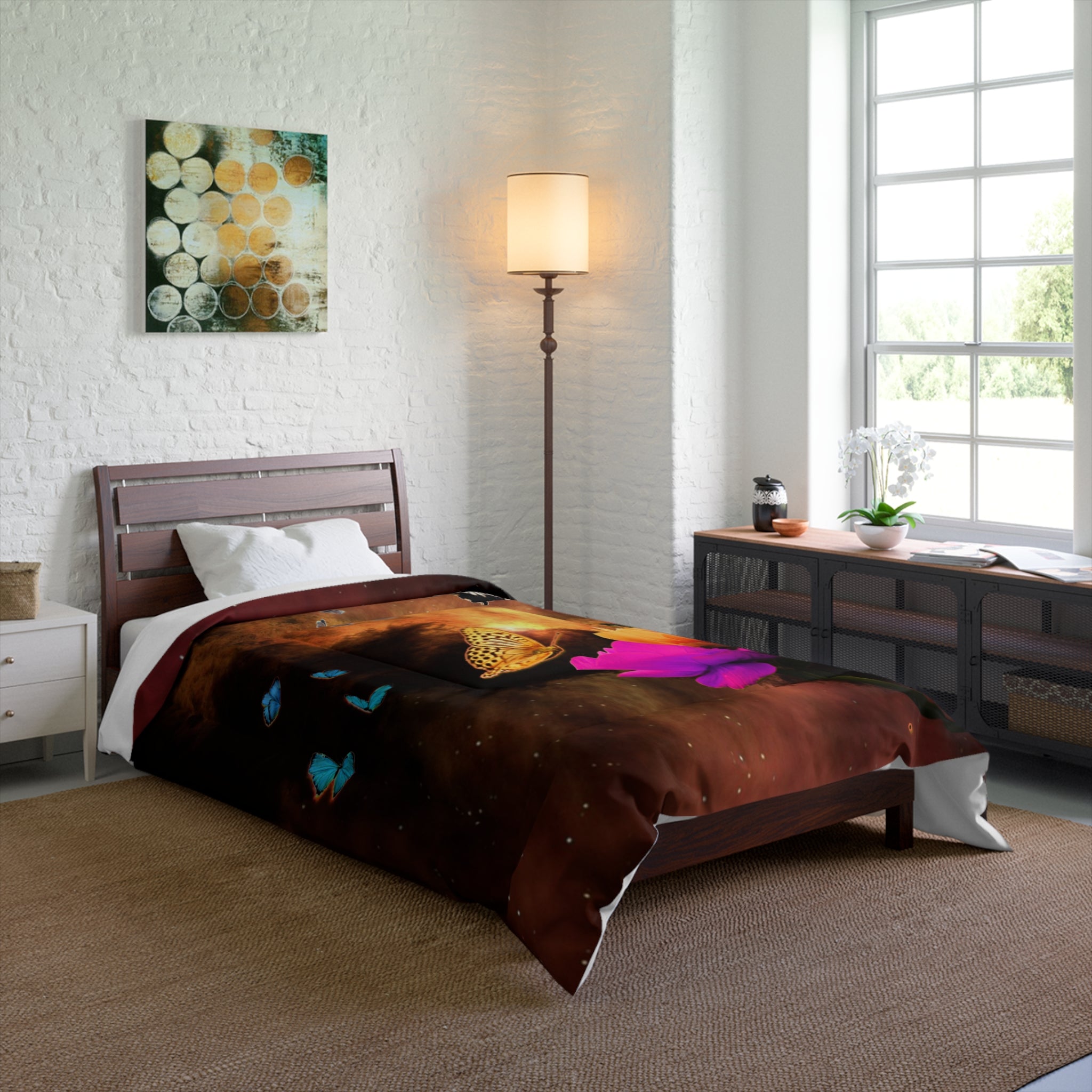 Colorful Butterfly In Fiery Space Comforter, Cozy Bedding for Nature Lovers, Floral Decor, Perfect for Spring, Birthday Gift, Home Accents