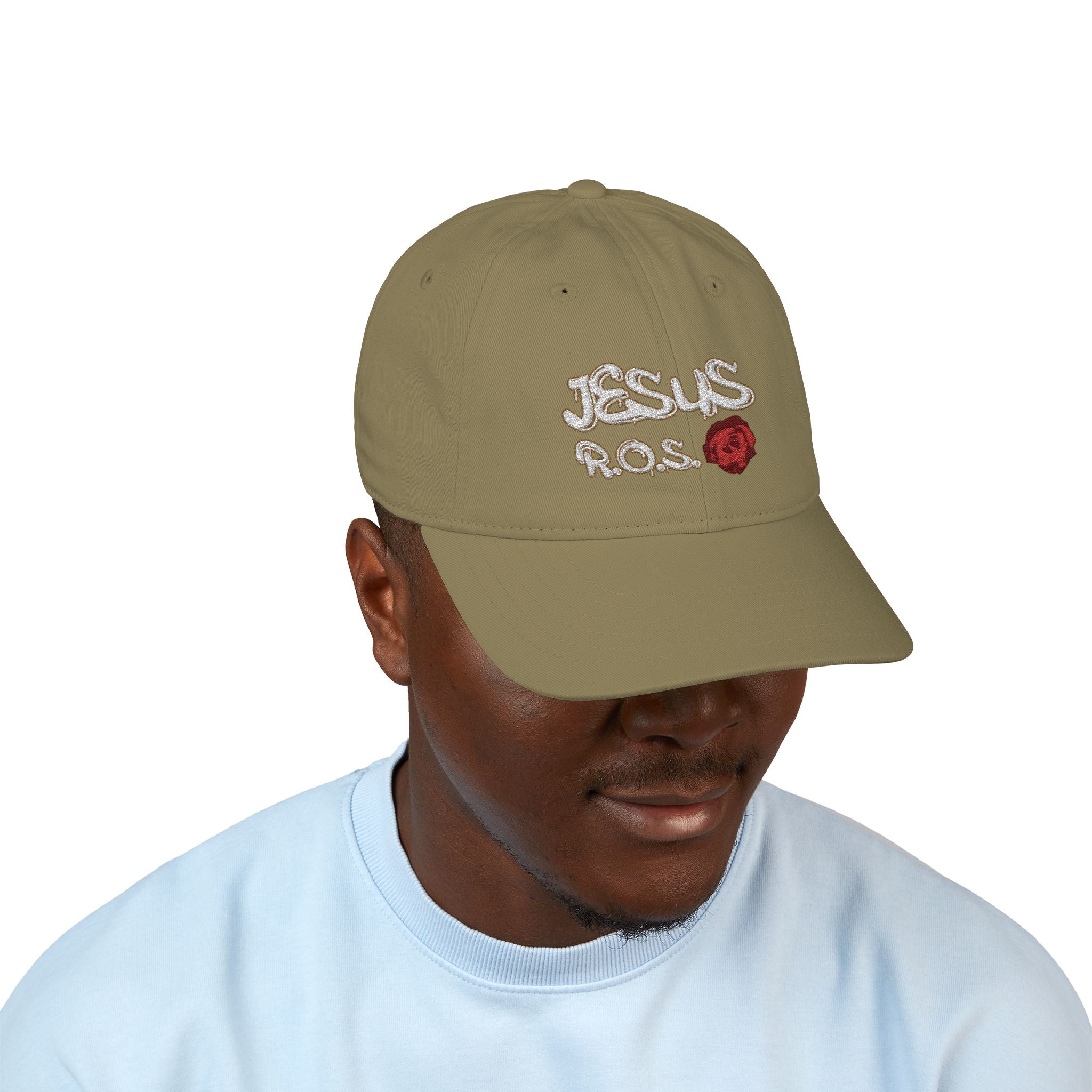 JESUS R.O.S. (Rose Of Sharon - White Ltrs) Organic Baseball Cap (Embroidery)