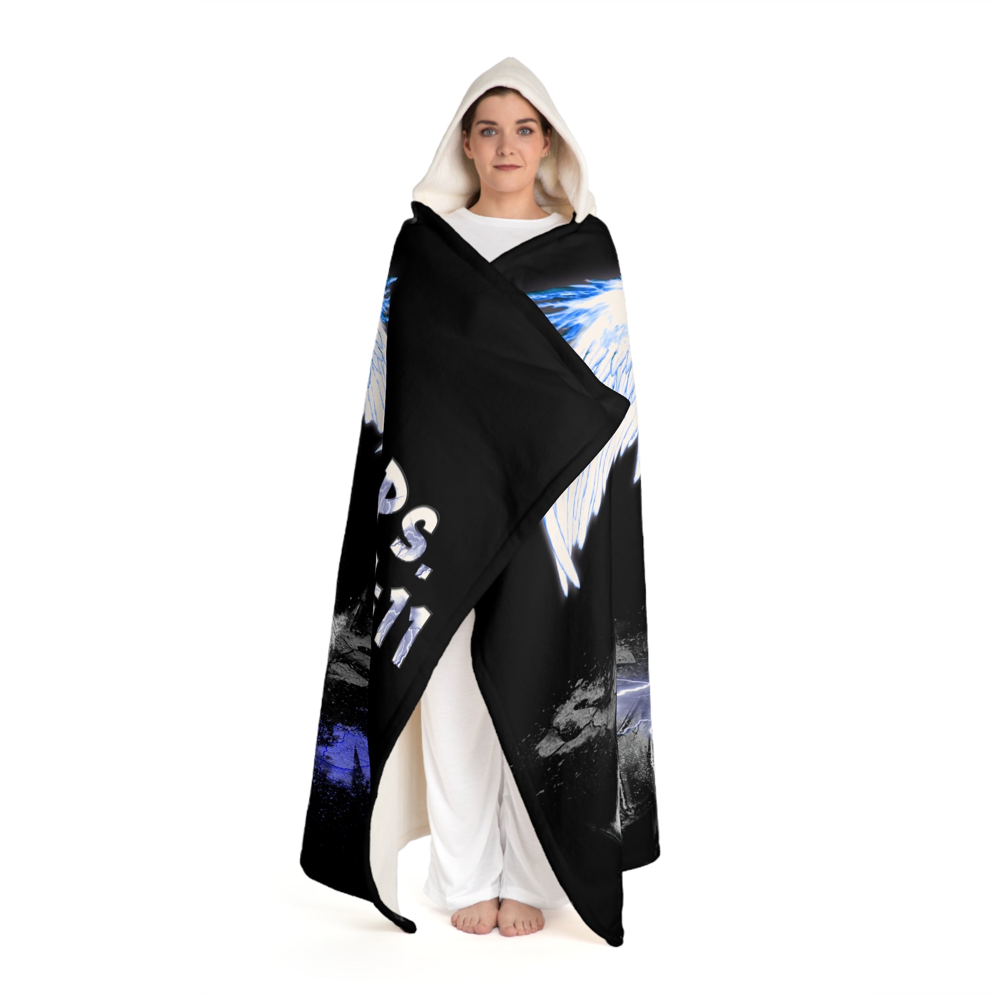 Light vs Darkness Blue Jean Angel Ps. 91:11 - Black (Hooded Sherpa Fleece Blanket)