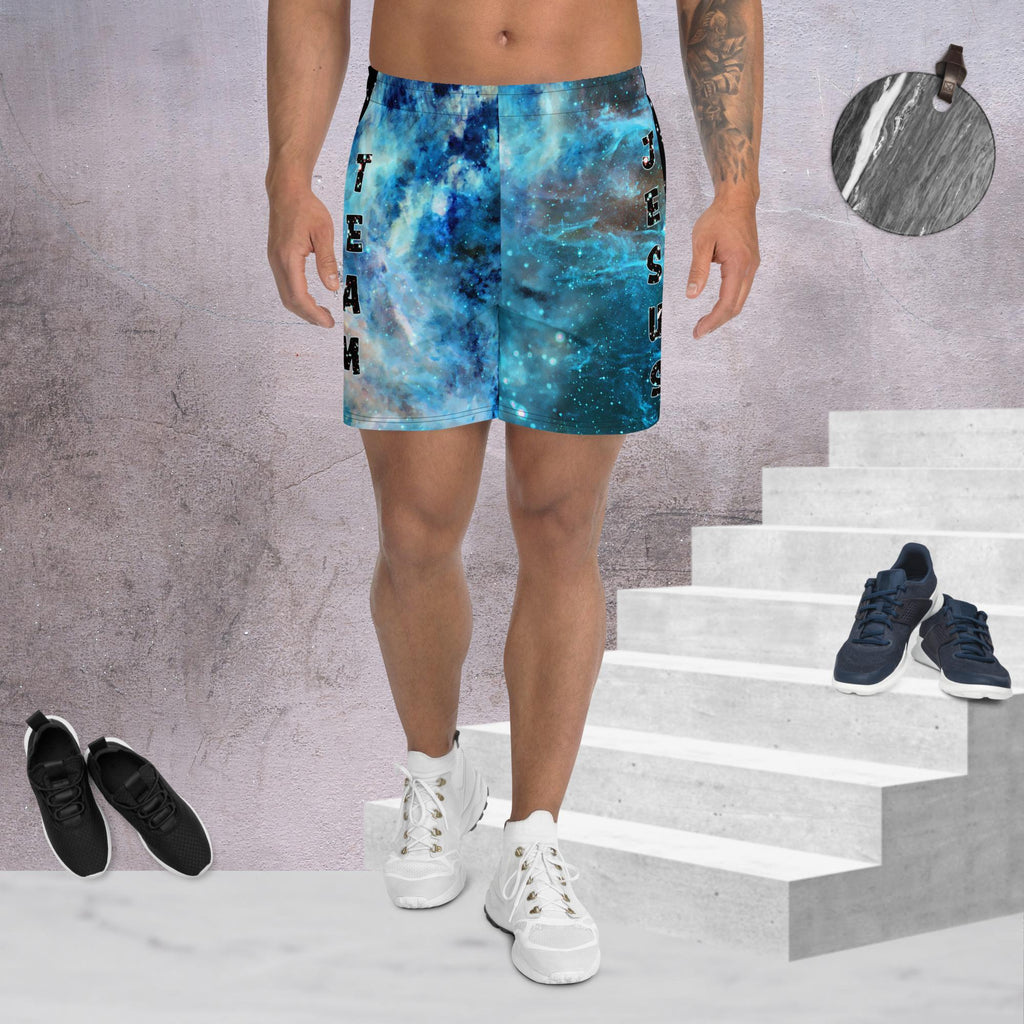 Team Jesus Turquoise in Black Space - All-Over Print Unisex Athletic Long Shorts