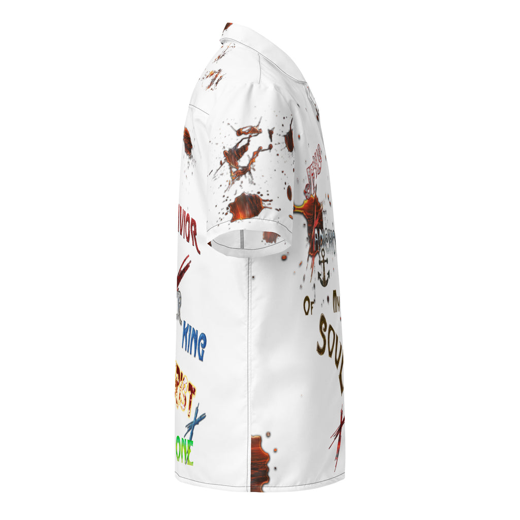 Jesus Savior, Master, Lord (White) - Unisex Button Up Short-Sleeve Shirt (Sizes Run Small)