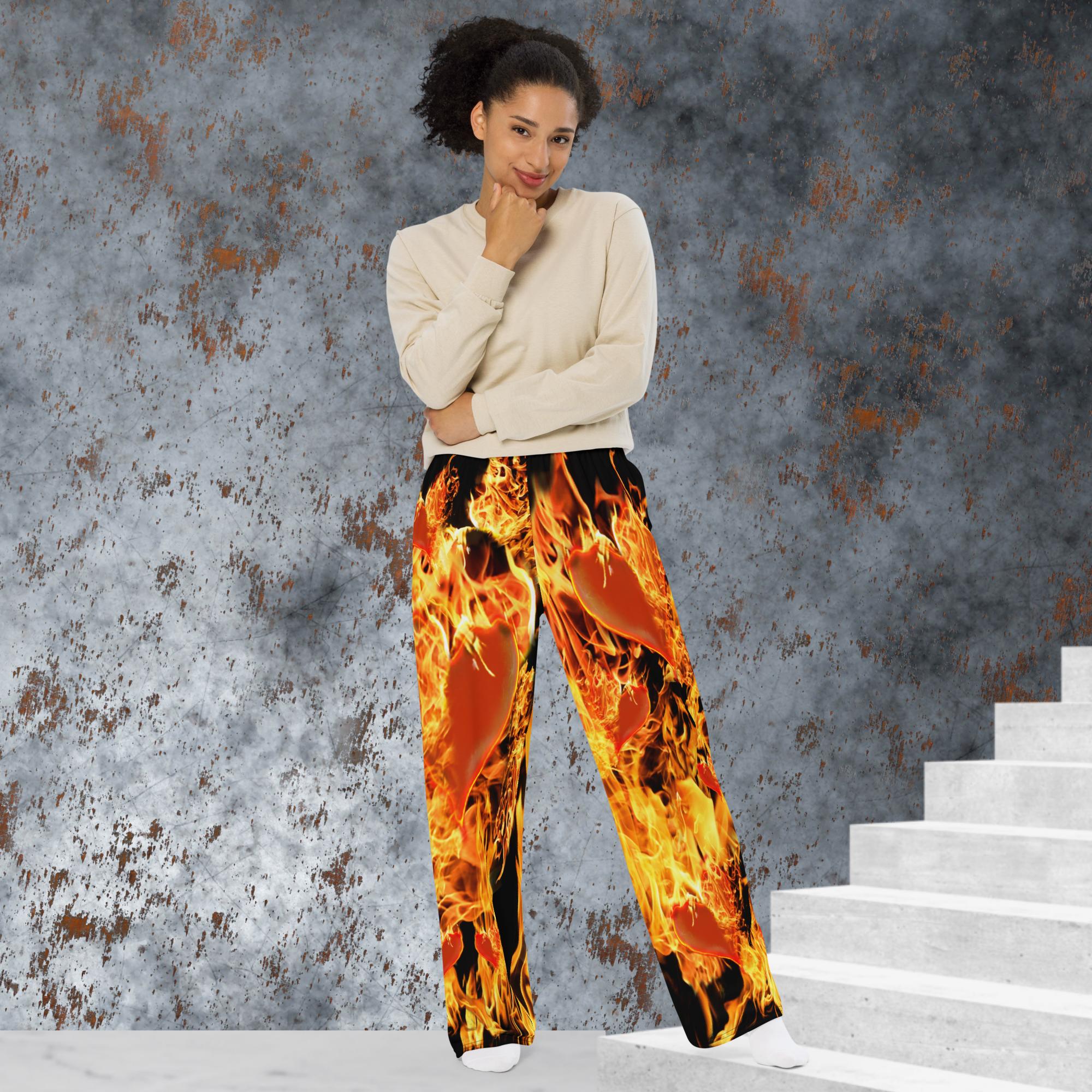 Fire w/Hearts Black - All-over print unisex wide-leg pantsFire