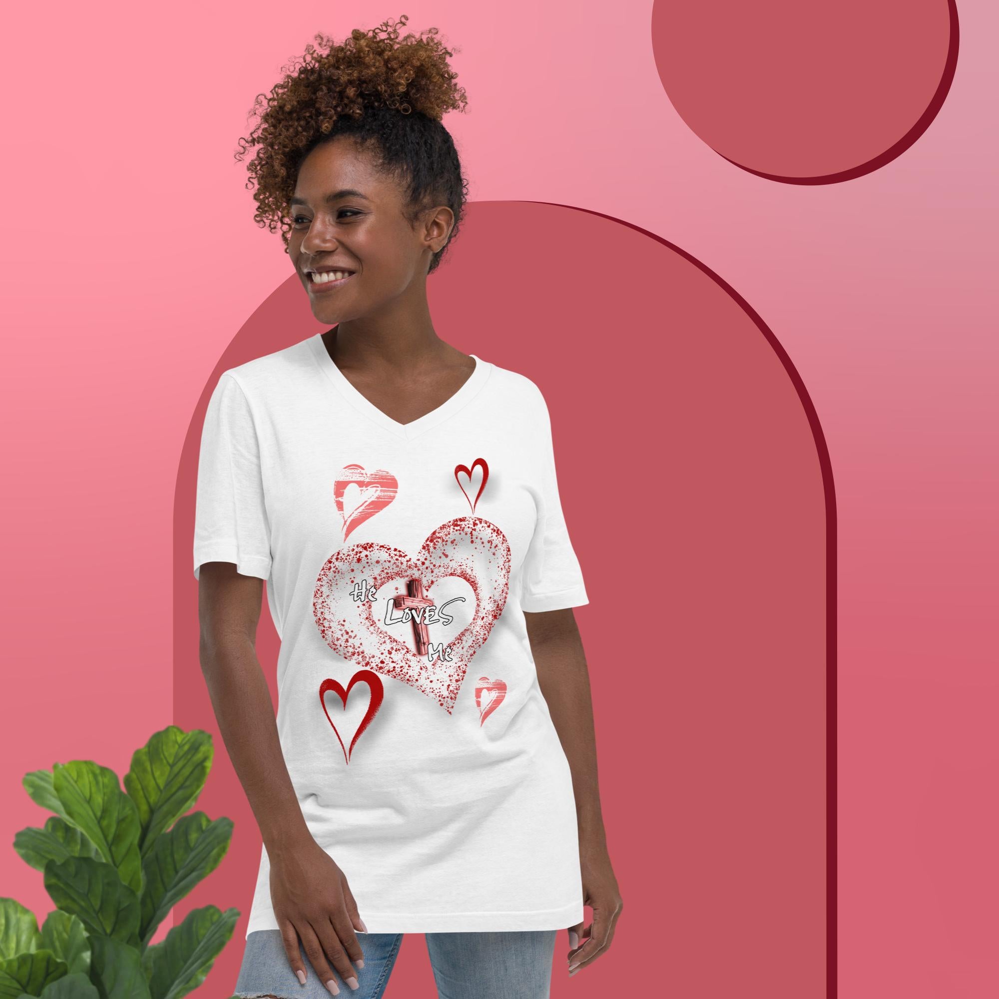 He Loves Me Heart & Cross - Unisex Short Sleeve V-Neck T-Shirt Bella 3005