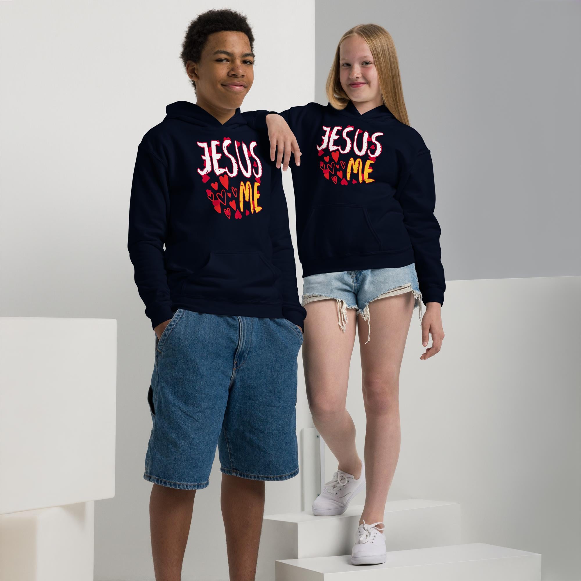 Jesus Loves Me w/Hearts - Youth heavy blend hoodie  Gildan 18500B