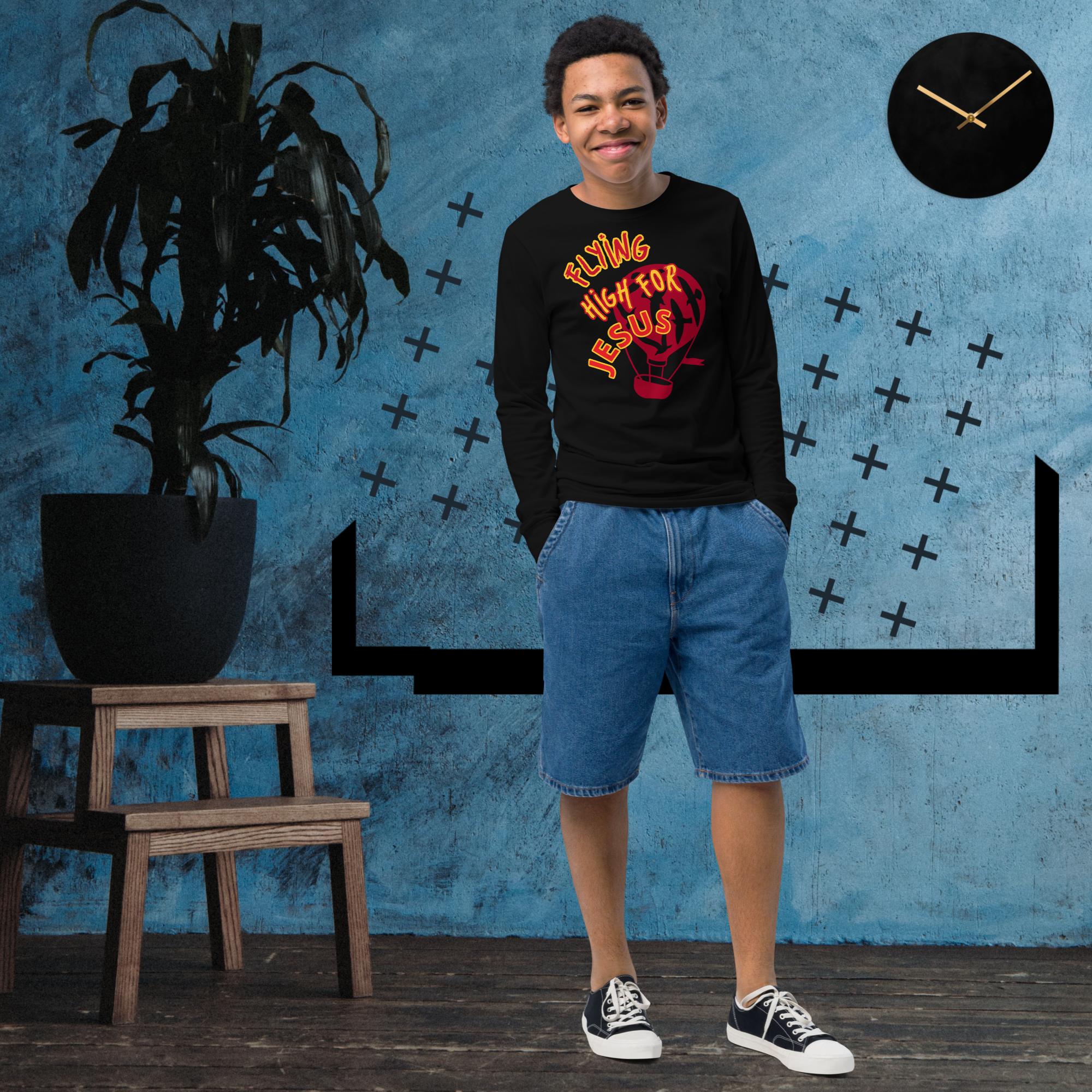 Flying High for Jesus - Youth long sleeve tee BELLA + CANVAS 3501Y
