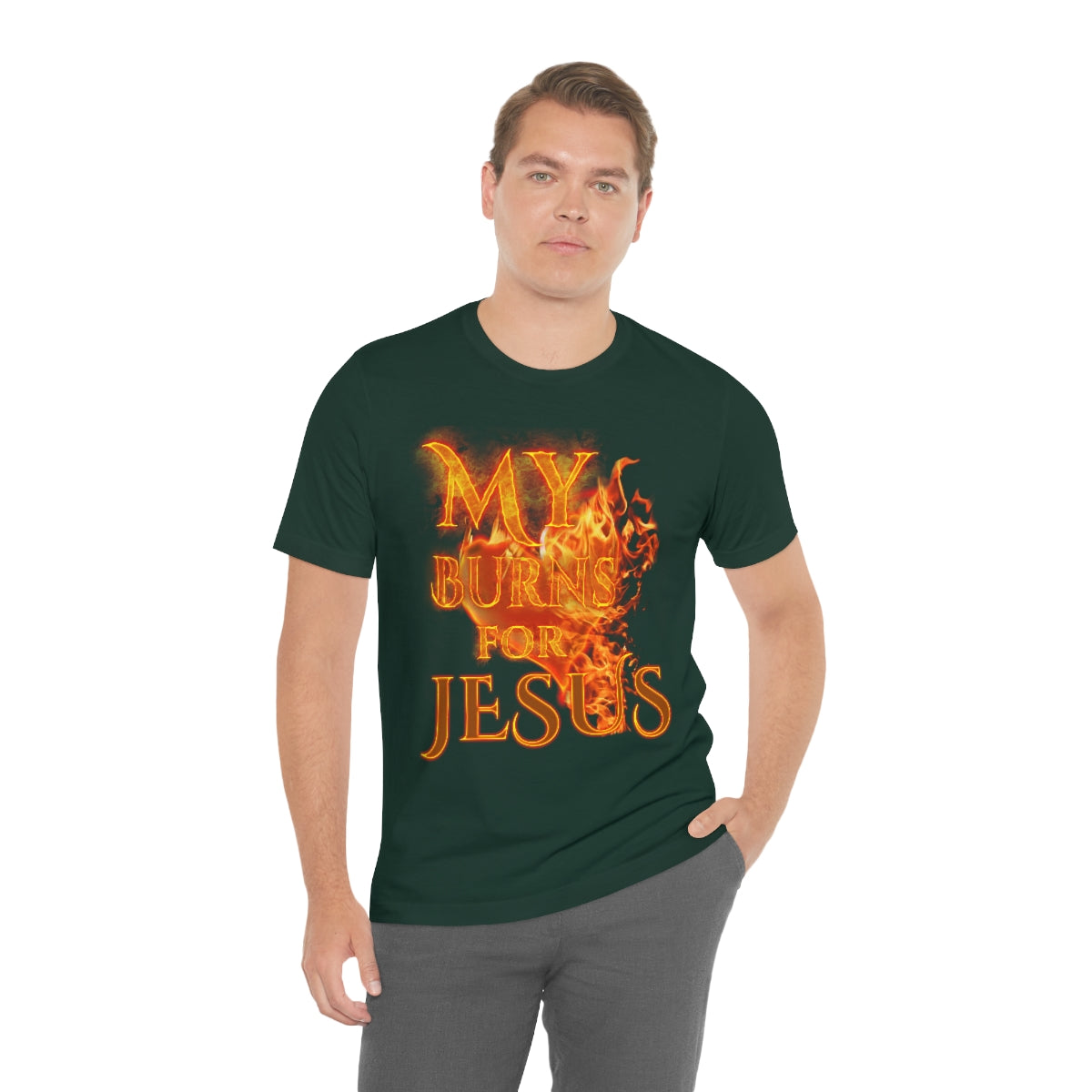 MY HEART BURNS FOR JESUS (Unisex Jersey Short Sleeve Tee)