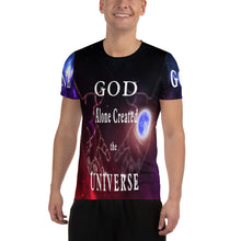 Load image into Gallery viewer, GOD Along Created the UNIVERSE (All-Over Print Men&#39;s Athletic T-shirt)
