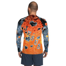 Load image into Gallery viewer, I Love Jesus w/Hearts Orange &amp; Blue AOP - (Men&#39;s Rash Guard)
