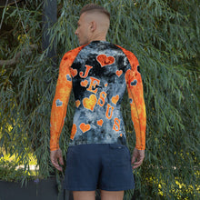 Load image into Gallery viewer, I Love Jesus w/Hearts Blue &amp; Orange AOP - (Men&#39;s Rash Guard)
